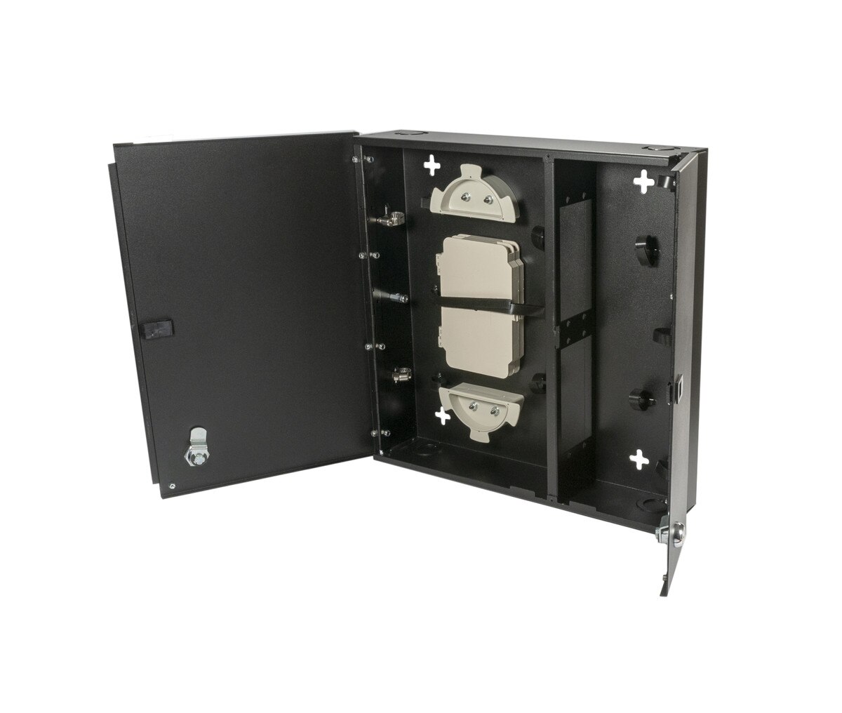 Medium, empty wall mount with split metal door, with one lock/key. Fits 4 LGX adapter plates. 2